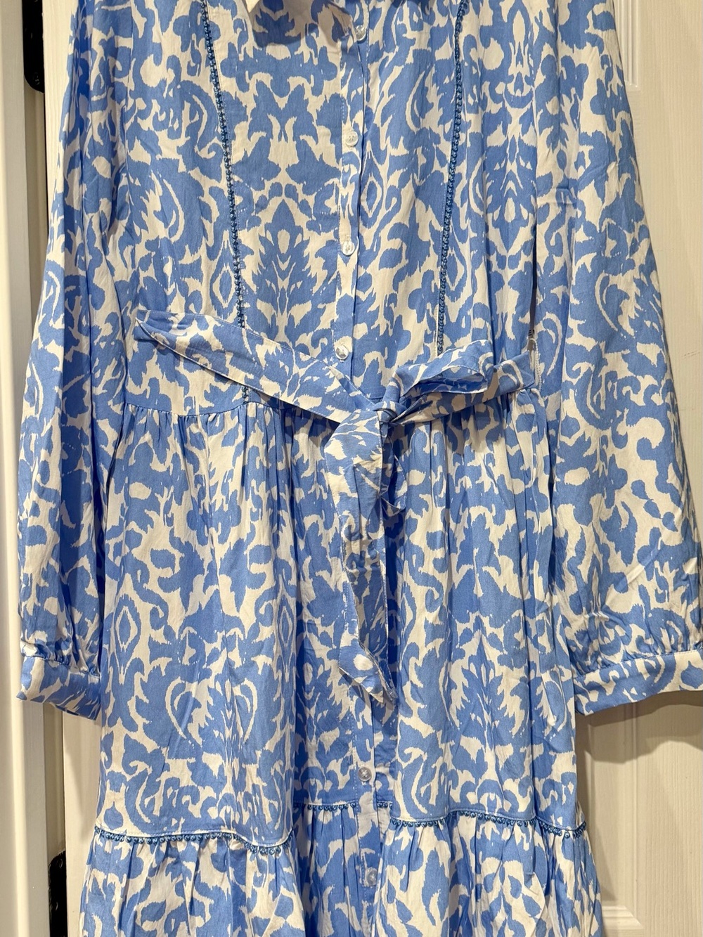 Ellen Tracy Longsleeve Tie Waist Buttoned Down Shirtdress French Blue Damask Md